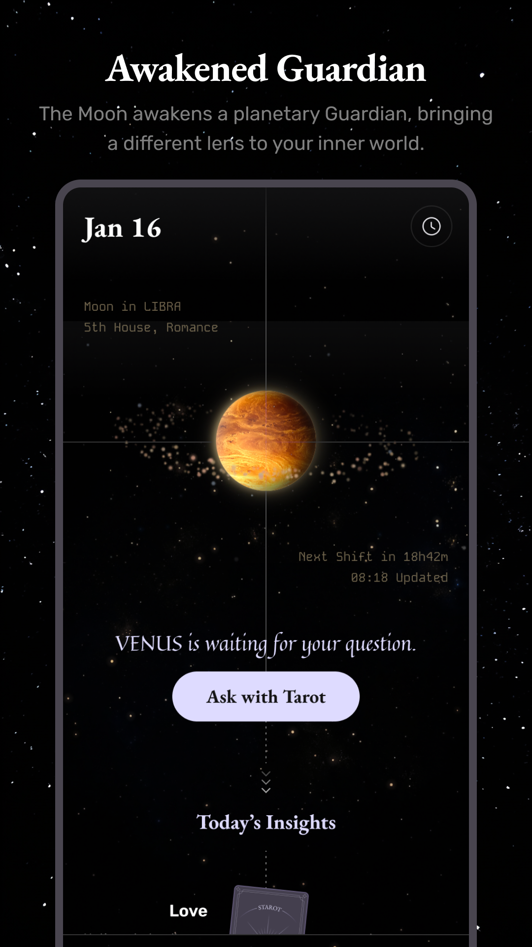 Starot awakened Guardian product preview artwork showing Moon in Libra and Venus waiting for a tarot question.
